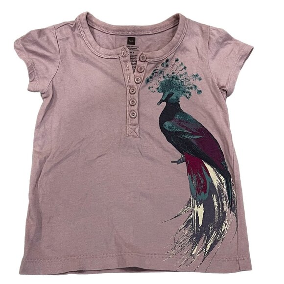 Tea Collection Girls Size 3 Shirt Purple Peacock Print 100% Cotton Short Sleeve - Picture 1 of 3